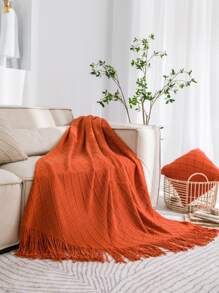 1pc Plain Tassel Throw Blanket - Burnt Orange - View 4