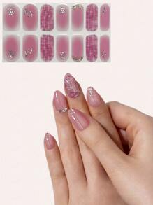 秋冬新款杏仁色指甲油，粉色大理石菱形网格美甲贴纸，3D立体粉色水钻14片装全甲贴花 - 彩色 - 查看 2