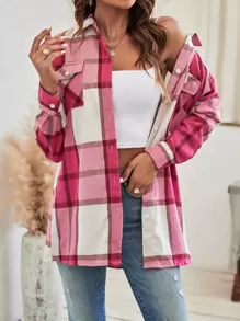 EMERY ROSE 格子翻盖口袋落肩衬衫（无腰带）女式衬衫