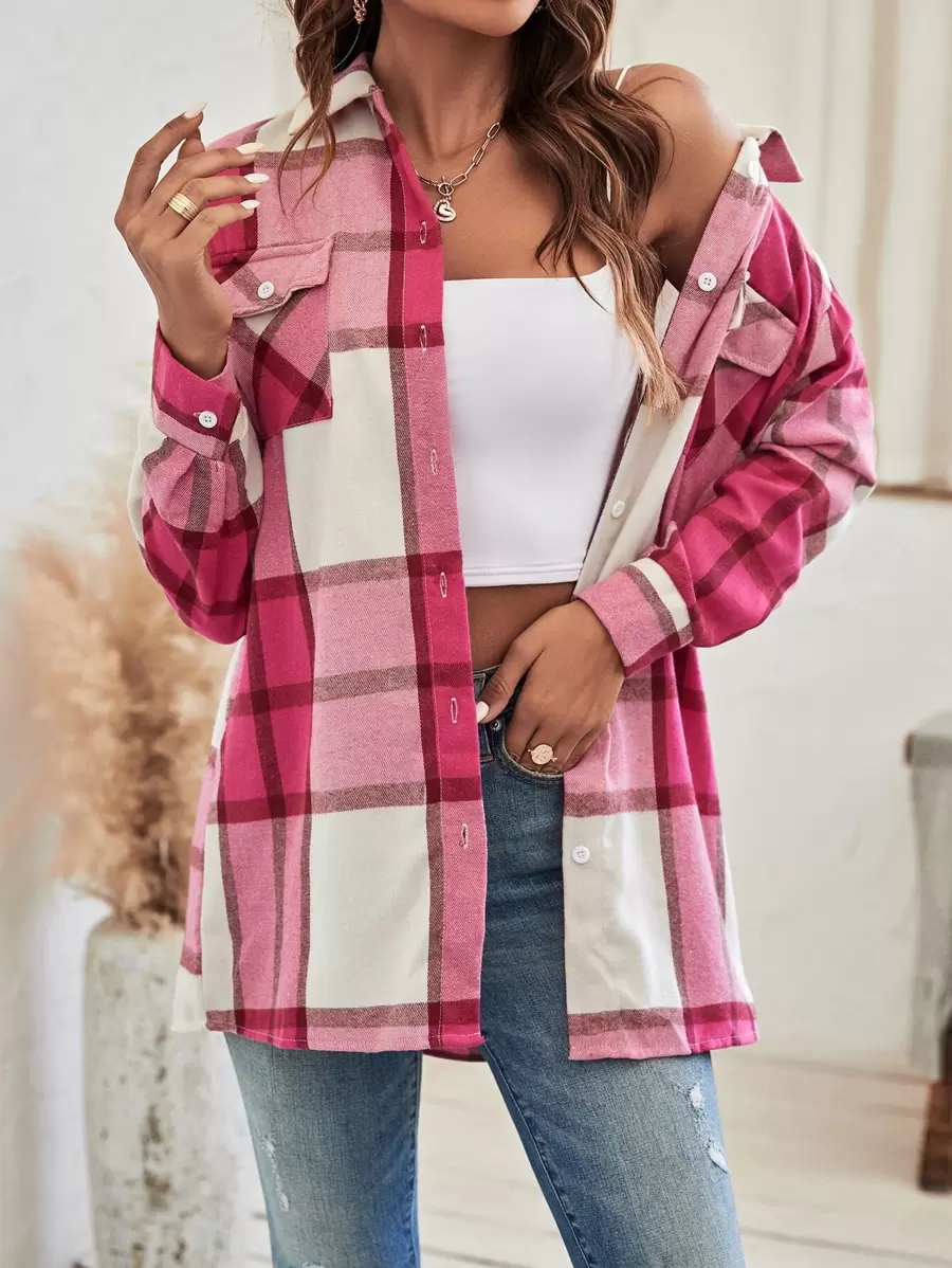 EMERY ROSE 格子翻盖口袋落肩衬衫（无腰带）女式衬衫