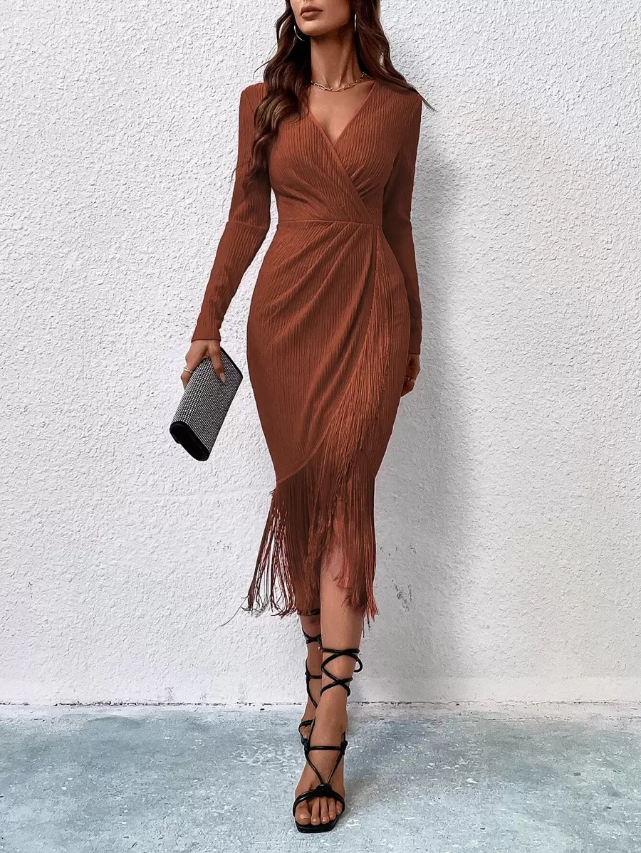 SHEIN Belle 流蘇邊交疊領緊身連衣裙 - 咖啡棕 - 查看 1