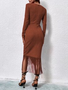 SHEIN Belle 流蘇邊交疊領緊身連衣裙 - 咖啡棕 - 查看 2