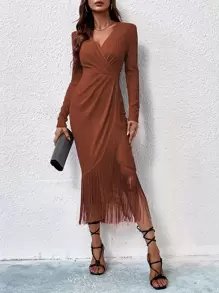 SHEIN Belle 流蘇邊交疊領緊身連衣裙 - 咖啡棕 - 查看 4