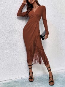 SHEIN Belle 流蘇邊交疊領緊身連衣裙 - 咖啡棕 - 查看 5