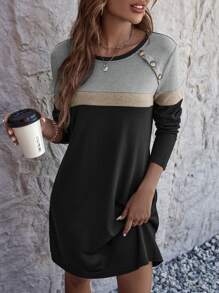 SHEIN LUNE Colour Block Button Detail Tee Dress - Black - View 4