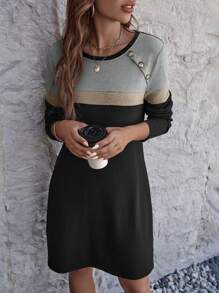 SHEIN LUNE Colour Block Button Detail Tee Dress - Black - View 5