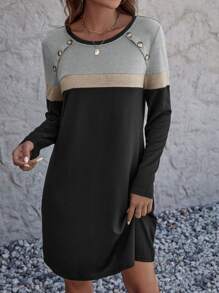 SHEIN LUNE Colour Block Button Detail Tee Dress - Black - View 6
