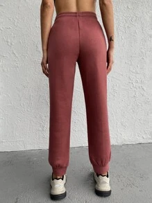 RueChic Drawstring Waist Solid Joggers - Redwood - View 2