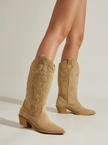 Women Khaki Stitch Detail Boots,  Heeled Faux Suede Western Boots For Vacation, Cowboy Boots For Women - Khaki - View 3