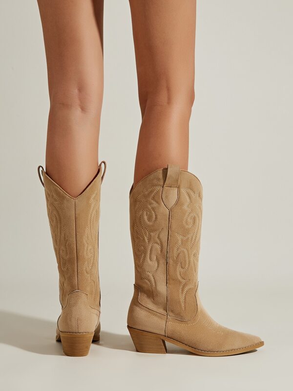 SHEIN Women Khaki Stitch Detail Boots, SlipOn Heeled Faux Suede