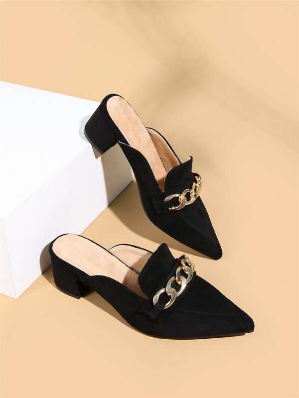 Fall/Winter Chain Decor Point Toe Chunky Heeled Faux Suede Mules,Elegant