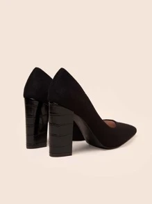 鱷魚壓紋尖頭粗跟仿麂皮淺口高跟鞋 - 黑色 - 查看 4