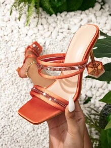 Women Rhinestone Decor Sculptural Heeled Mule Sandals, Glamorous Summer Heeled Sandals - Orange - View 1