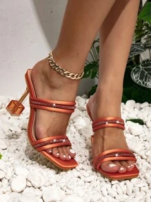 Women Rhinestone Decor Sculptural Heeled Mule Sandals, Glamorous Summer Heeled Sandals - Orange - View 5
