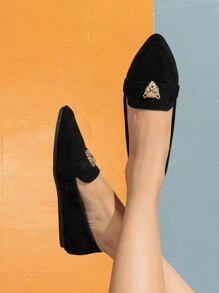 2025 Autumn Women's Black Leopard Decor Flats, Faux Suede Flat Loafers - Black - View 5