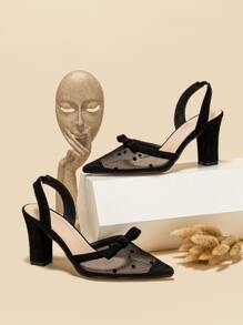 Bow Decor Contrast Dobby Mesh Slingback Pumps - Black - View 5