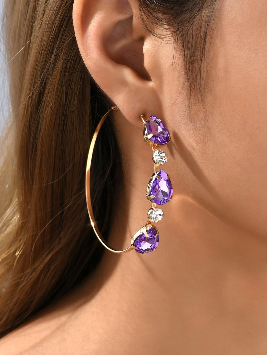 Pendientes de aro con diseño de diamante de imitación - Morado - Ver 1