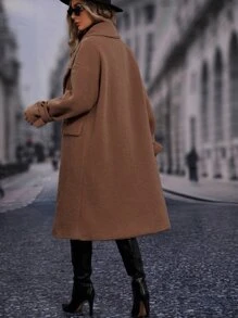 SHEIN LUNE Lapel Neck Drop Shoulder Teddy Coat - Camel - View 2
