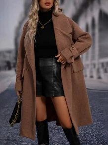 SHEIN LUNE Lapel Neck Drop Shoulder Teddy Coat - Camel - View 3