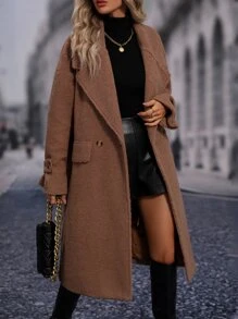 SHEIN LUNE Lapel Neck Drop Shoulder Teddy Coat - Camel - View 5