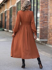 Swiss Dot Surplice Neck Split Thigh Dress - Burnt Orange - View 2