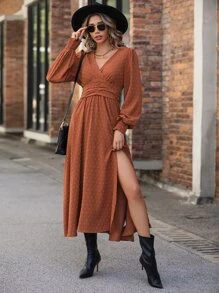 Swiss Dot Surplice Neck Split Thigh Dress - Burnt Orange - View 5