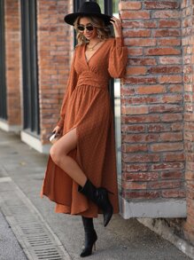 Swiss Dot Surplice Neck Split Thigh Dress - Burnt Orange - View 6