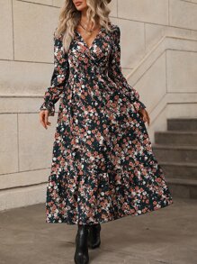 SHEIN Clasi Allover Floral Print Flounce Sleeve Overlap Collar Ruffle Hem Dress - Multicolor - View 3