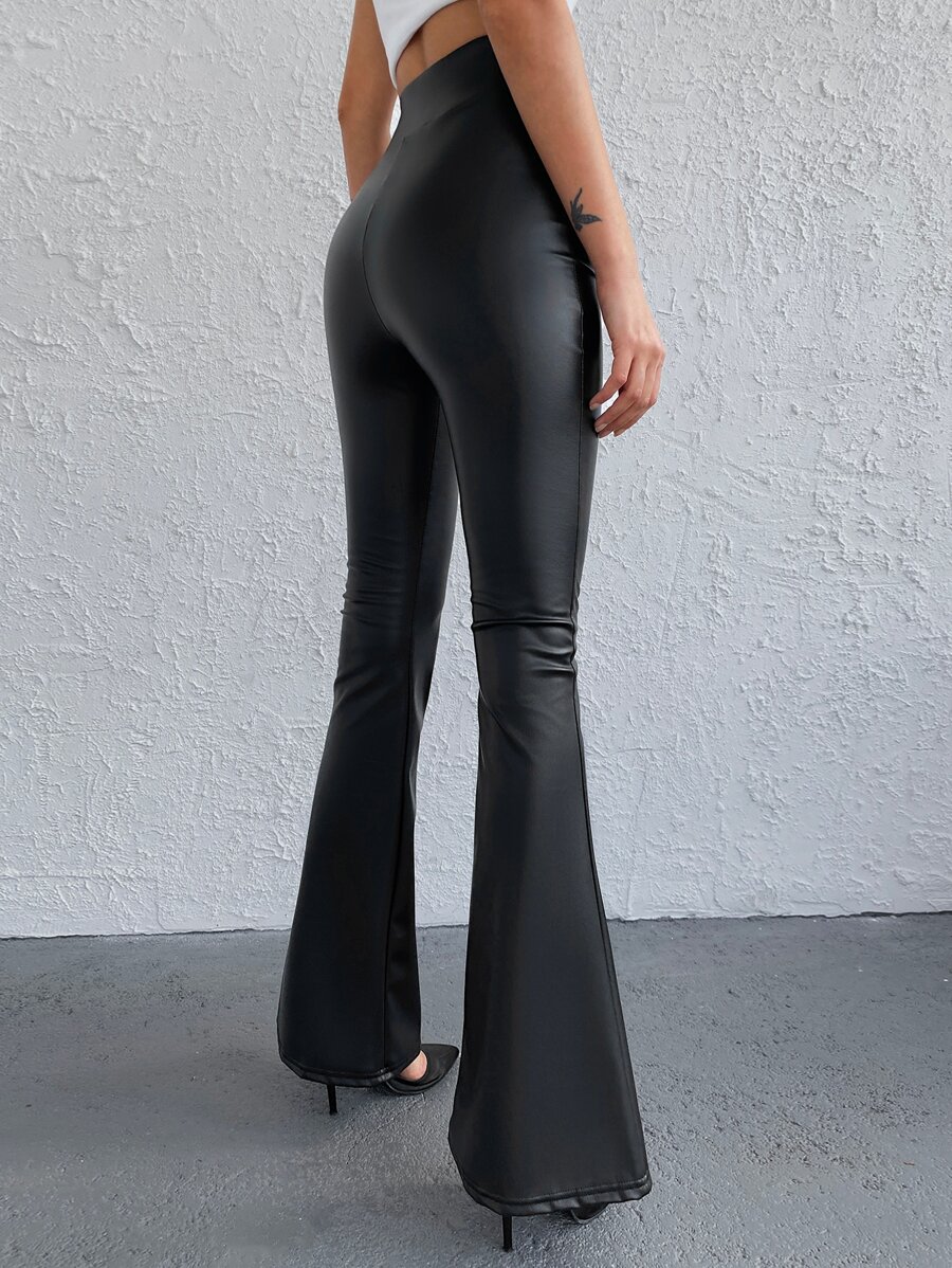 RueChic PU Flare Leg Trousers - Black - View 1