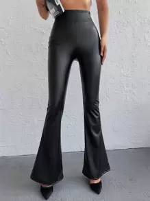 RueChic PU Flare Leg Trousers - Black - View 3