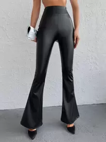 RueChic PU Flare Leg Trousers - Black - View 6