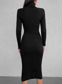 EURMUSE Turtleneck Split Hem Jumper Dress Without Belt - Black - View 2