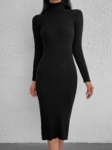 EURMUSE Turtleneck Split Hem Jumper Dress Without Belt - Black - View 3