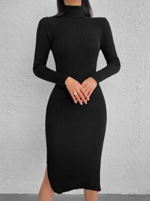 EURMUSE Turtleneck Split Hem Jumper Dress Without Belt - Black - View 4