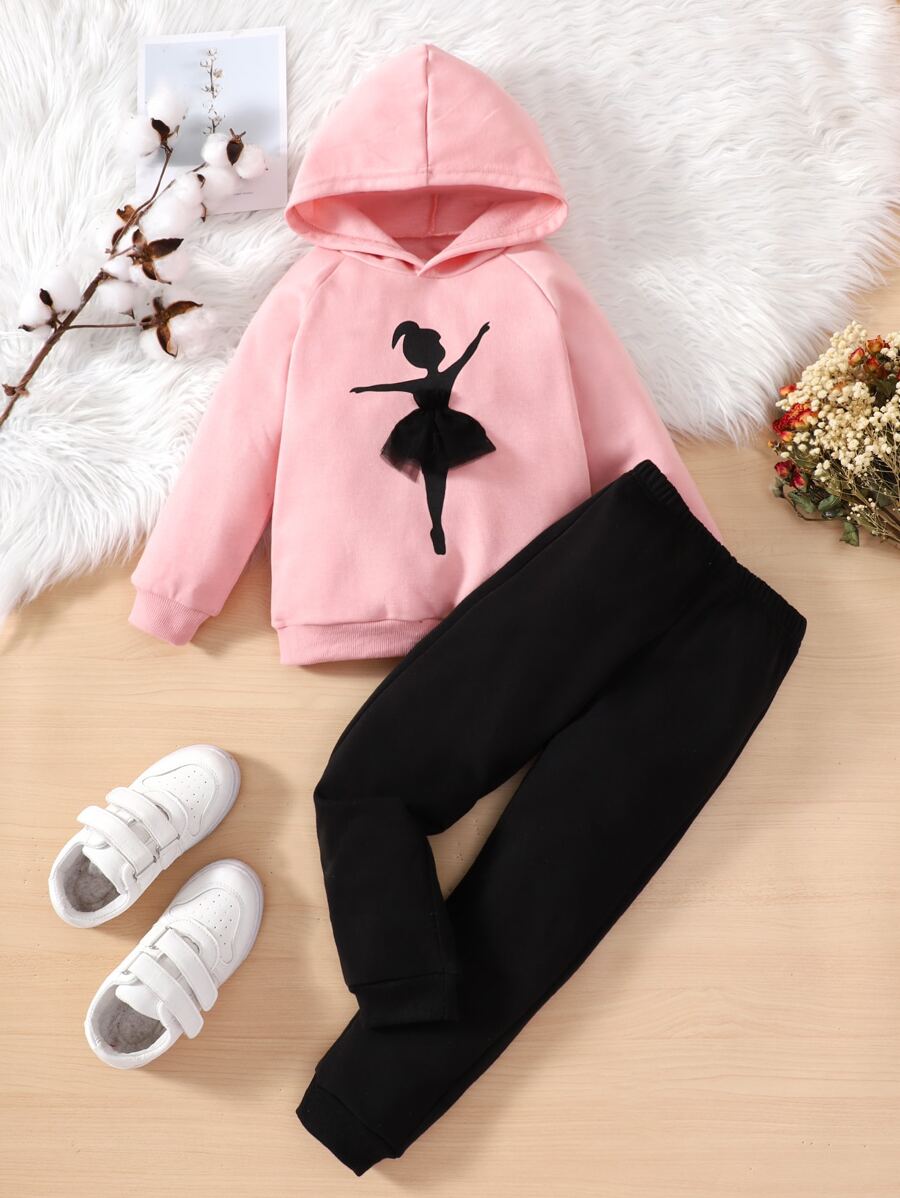 SHEIN Toddler Girls Figure Graphic Contrast Mesh Hoodie & Joggers - Multicolor - View 1