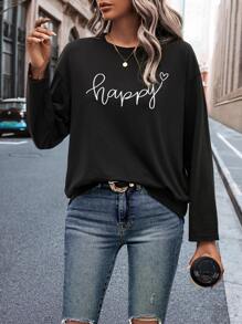 SHEIN LUNE Áo thun nữ Tim Lá thư Giải trí - màu đen - Xem 1