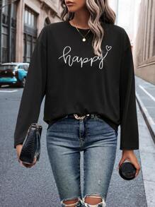 SHEIN LUNE Áo thun nữ Tim Lá thư Giải trí - màu đen - Xem 3