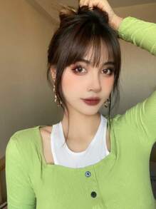 Extensions Medium Brown Clip On Fringe Bangs With Nice Net Natural Flat Neat Bangs With Temples For Women - Brown - View 6