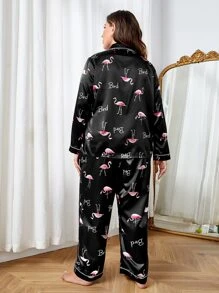 Plus Flamingo Print Contrast Piping Satin Blouse & Trousers PJ Set - Black - View 2