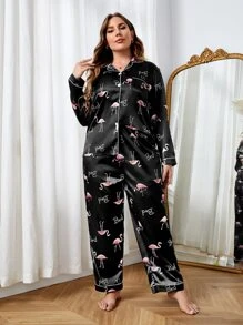 Plus Flamingo Print Contrast Piping Satin Blouse & Trousers PJ Set - Black - View 3