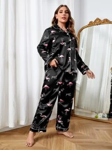 Plus Flamingo Print Contrast Piping Satin Blouse & Trousers PJ Set - Black - View 4