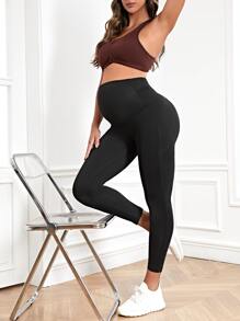 SHEIN Quần Leggings Bà bầu màu trơn - màu đen - Xem 4