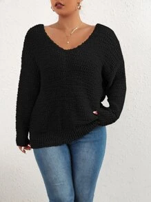 Celure Áo len Plus Size Ngọc trai Lộ Lưng xoắn lại màu trơn Gợi cảm - màu đen - Xem 4