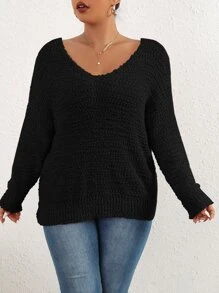 Celure Áo len Plus Size Ngọc trai Lộ Lưng xoắn lại màu trơn Gợi cảm - màu đen - Xem 5