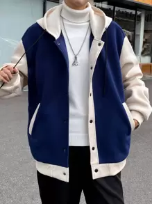 Manfinity Homme 男士雙色下垂肩束繩連帽寬鬆外套 - 藏蓝色 - 查看 2