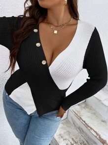 Celure 大碼撞色交叉圍裹套頭毛衣 - 黑色 - 查看 4