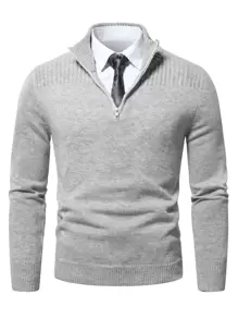 Manfinity Homme 男款純色無內襯拉鍊開口毛衣，圓領長袖半拉鍊套頭純淺灰色工作商務體面毛衣，適合送男友禮物 - 灰色 - 查看 1