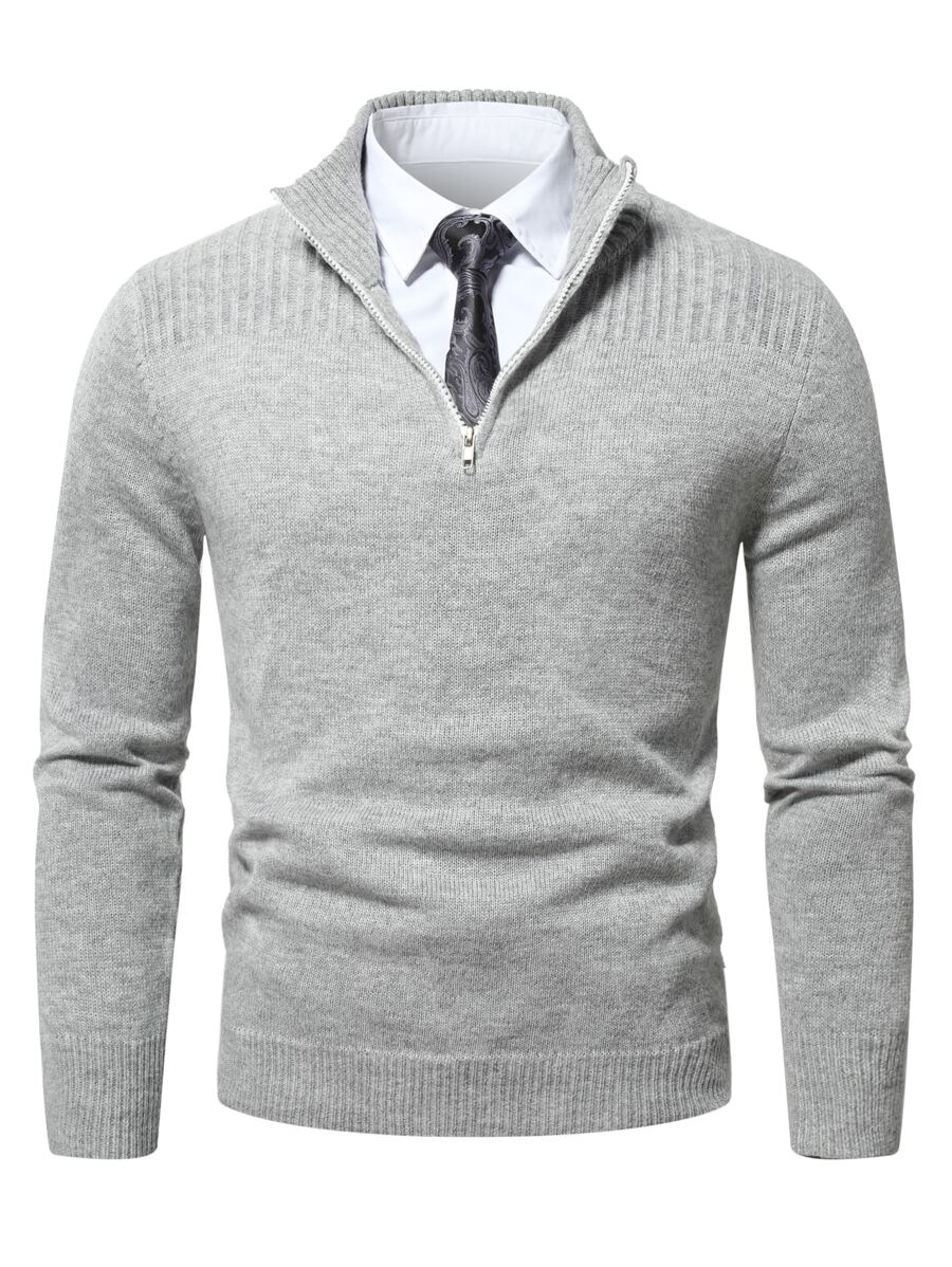 Manfinity Homme 男款純色無內襯拉鍊開口毛衣，圓領長袖半拉鍊套頭純淺灰色工作商務體面毛衣，適合送男友禮物 - 灰色 - 查看 1
