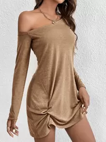 SHEIN Essnce Asymmetrical Neck Twist Hem Tee Dress - Brown - View 6