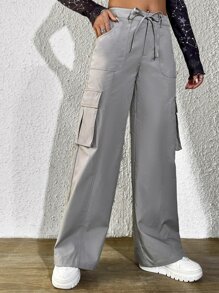 SHEIN Qutie Drawstring Waist Flap Pocket Cargo Pants